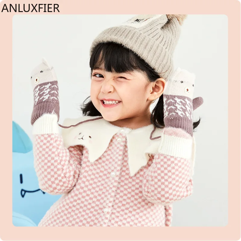 H9990, детские вязаные перчатки, детские осенне-зимние уличные ветрозащитные Теплые толстые варежки, детская муфта для отдыха с плюшевым милым медведем