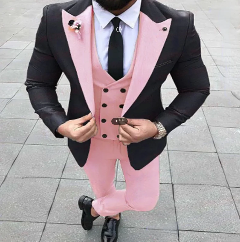Розовые мужские костюмы Caual с черным пиджаком, свадебный смокинг жениха из 3 предметов, Новый мужской модный костюм, Двубортный жилет, брюки
