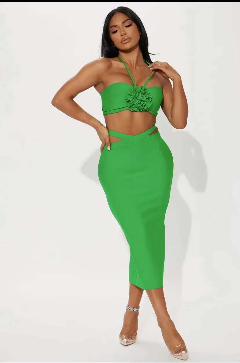 Модный зеленый женский халтер без рукавов с вырезами, 2 двойки, облегающее платье до середины икры 2023, бандажное платье с цветочным рисунком для вечеринки в ночном клубе