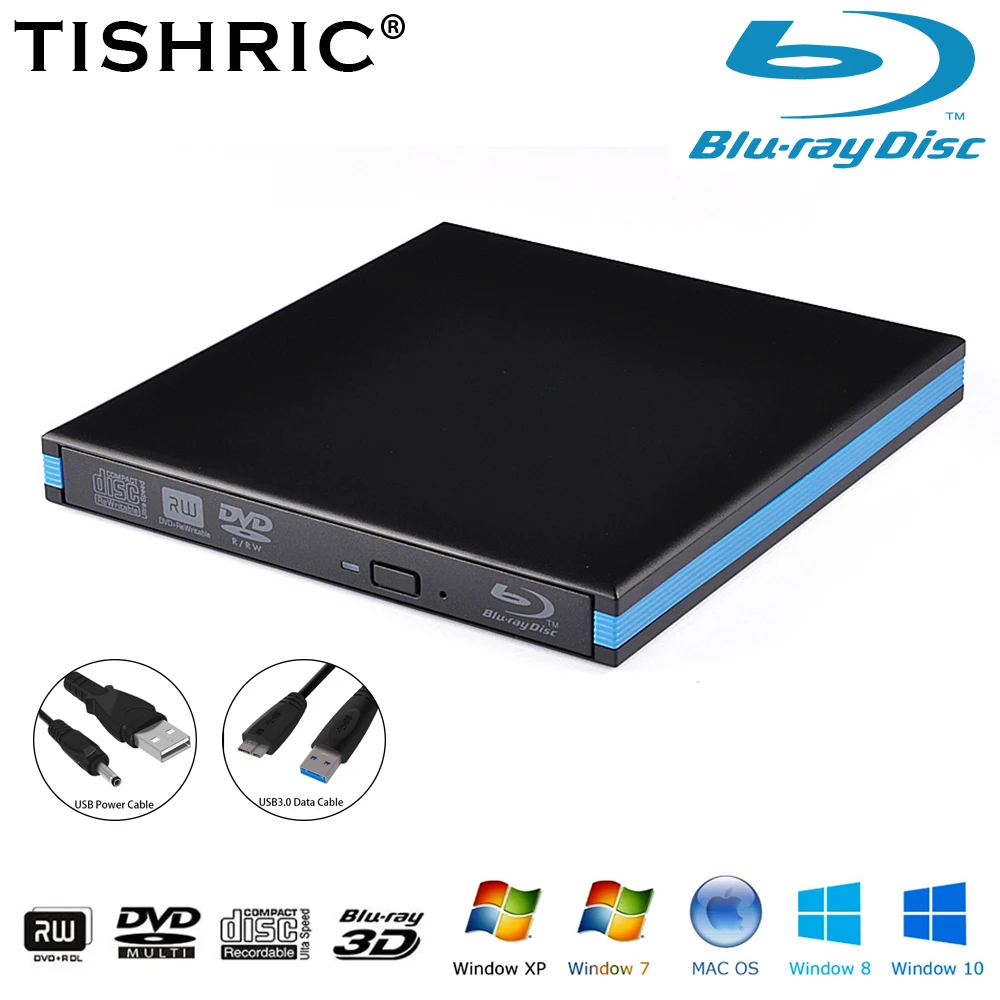 TISHRIC Внешний привод Bluray, устройство для записи, проигрыватель Blu-Ray Burner, USB 3.0 CD DVD для настольных пк с Windows MacBook