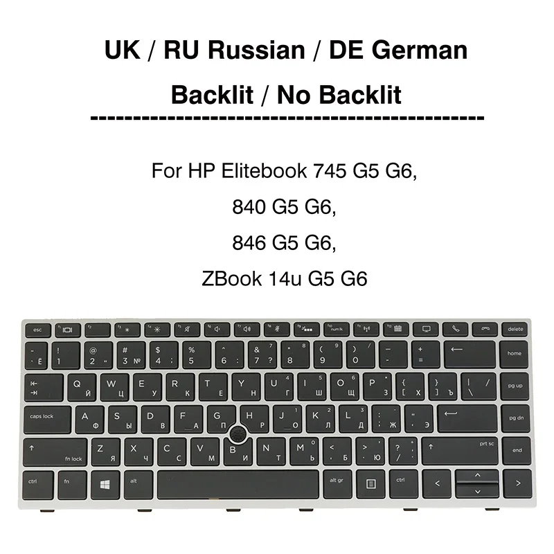 Клавиатура для ноутбука HP Elitebook 745 G5 G6, 840 G5 G6, 846 G5 G6, ZBook 14u G5 G6 Великобритания Русский Немецкий QWERTZ, С подсветкой /Без