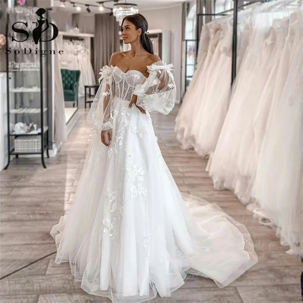 Роскошные свадебные платья SoDigne, вечернее платье Трапециевидной формы, Кружевная аппликация, 3D Цветок, свадебное платье с пышными рукавами, свадебное платье из тюля в виде сердечка.