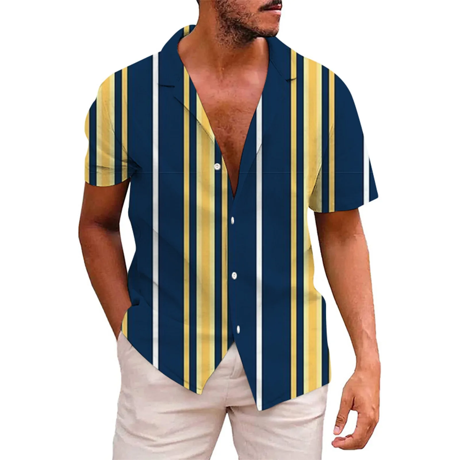 Мужская рубашка с коротким рукавом Рубашка на пуговицах Мужская повседневная полосатая летняя пляжная рубашка с принтом Топ Арт 3d Цифровая печать Винтаж