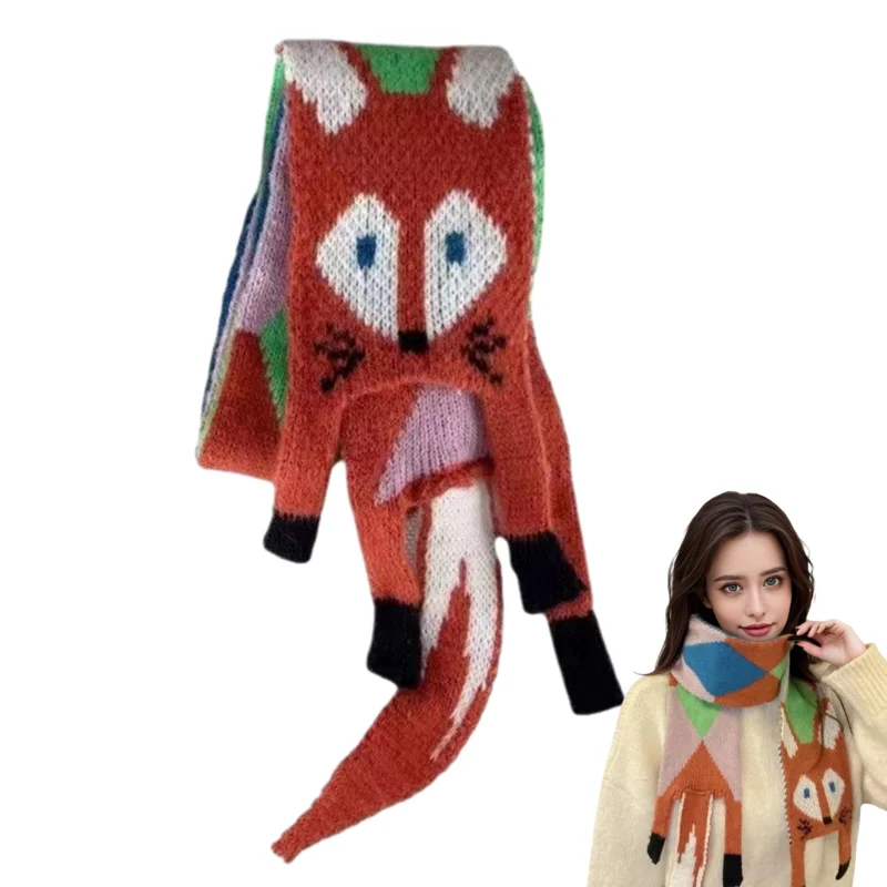 Осенне-зимний детский вязаный шарф с мультяшной лисой Для маленьких мальчиков и девочек, теплая женская шаль, детский женский вязаный женский шарф с животными