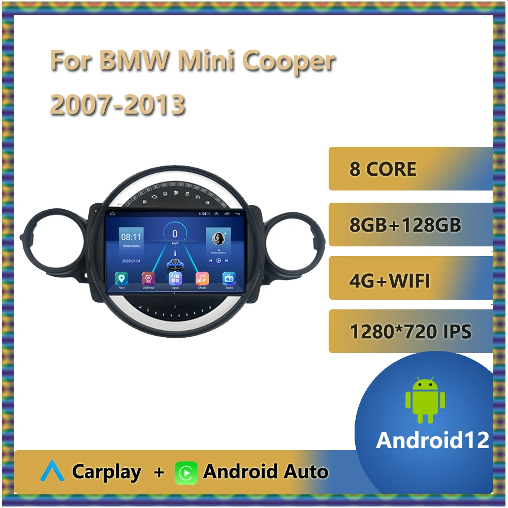 2 Din Автомагнитола Android 12 для BMW Mini Cooper 2011 2012 2013 GPS Навигация Мультимедийный видеоплеер Камера заднего вида