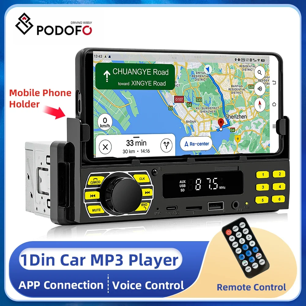 Podofo 1DIN Встроенное Автомобильное Радио Стерео Цифровое Bluetooth Аудио Музыкальное Автомобильное Радио MP3-Плеер USB/SD/AUX-IN с Держателем Мобильного Телефона