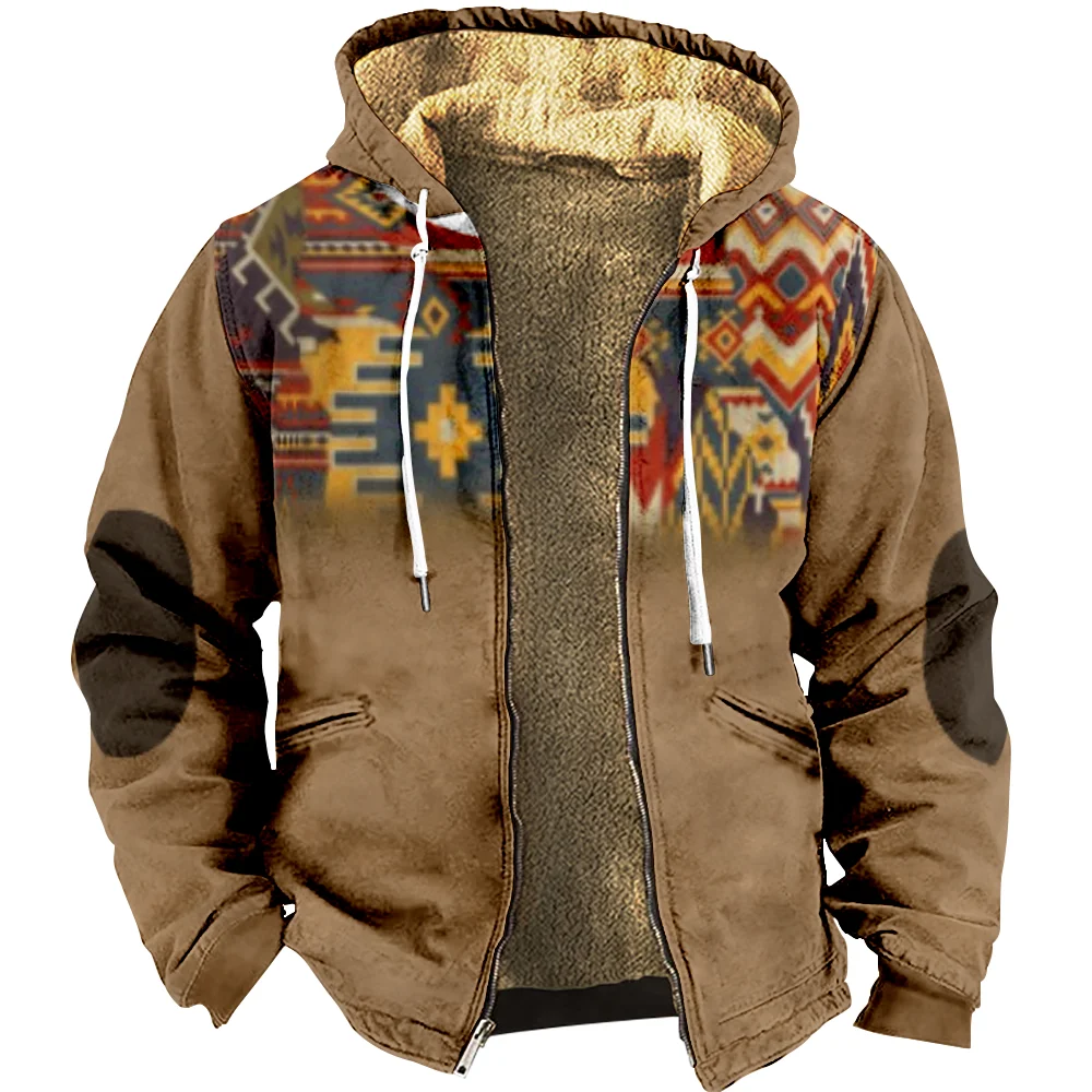 Мужские толстовки на молнии, зимние флисовые парки, куртки градиентного цвета с этническим племенным рисунком, толстовки, верхняя одежда с капюшоном на молнии