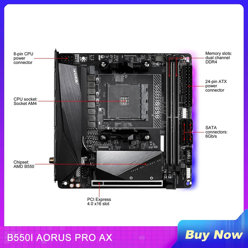 Настольная Материнская Плата Gigabyte B550 AM4 DDR4 64GB PCI-E 4.0 Mini-ITX B550I AORUS PRO AX