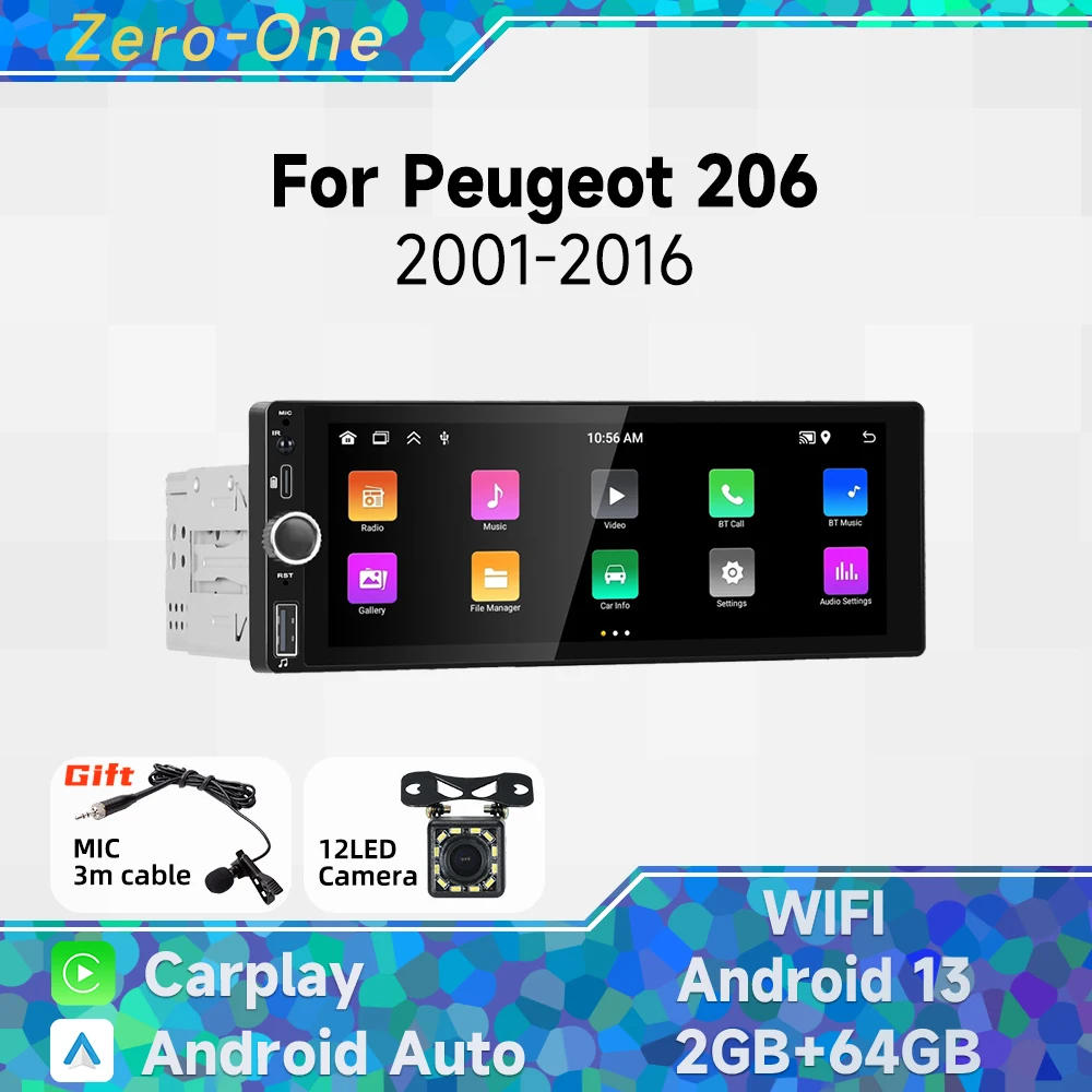 Carplay Android Auto 1 Din Радио Android Автомобильный Мультимедийный для Peugeot 206 2001-2016 6,86“Экран Стерео Головное Устройство Авторадио GPS