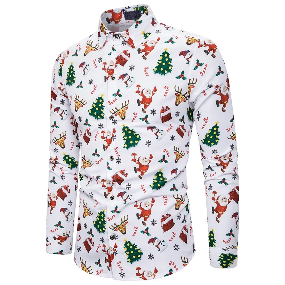 Гавайские мужские Рождественские рубашки с 3D принтом Санта-Клауса, повседневные однобортные топы с лацканами и коротким / длинным рукавом, одежда для новогодних каникул