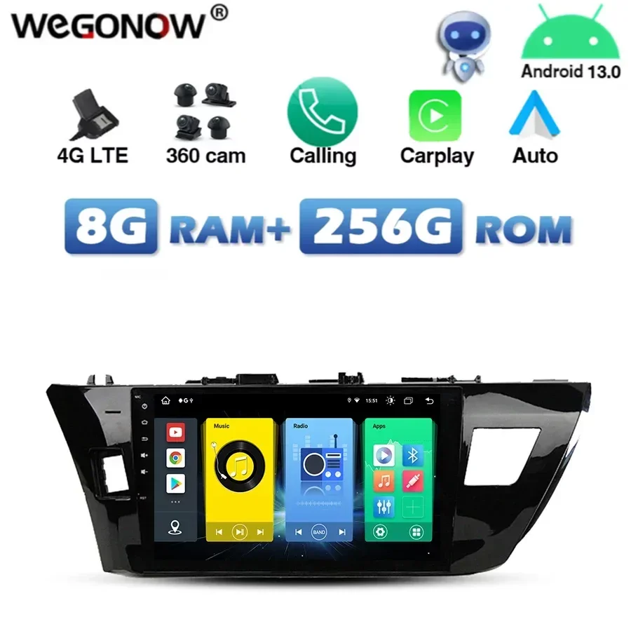 360 4G SIM Беспроводной Carplay Auto Android 13,0 8G + 256G Автомобильный DVD-плеер Wifi Bluetooth RDS радио GPS Для Toyota Corolla 2014 2015