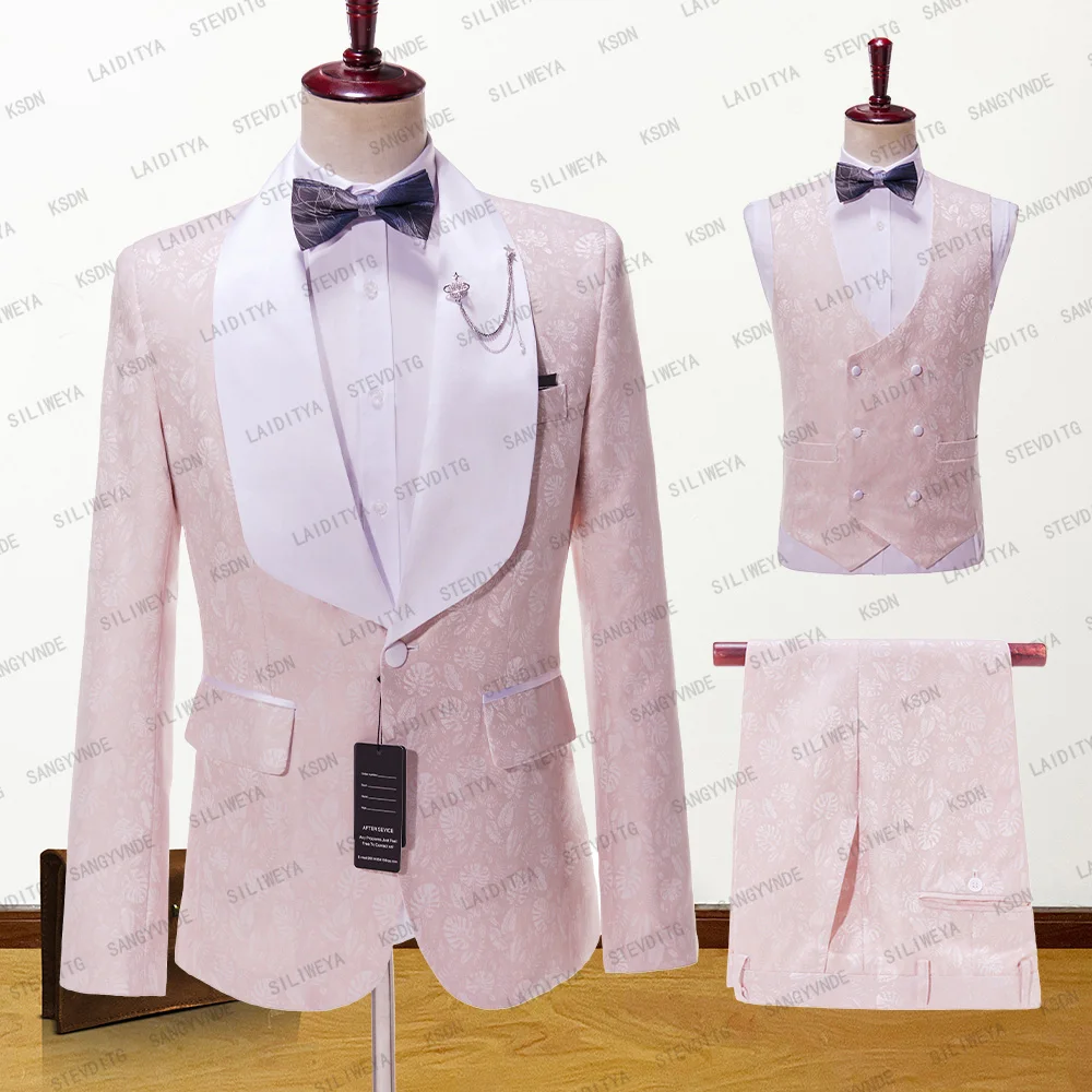 2023 Новый мужской повседневный бутик Деловой костюм с большим белым воротничком, мужские Жаккардовые блейзеры с розовым рисунком, куртка, брюки, жилет, комплект из 3 предметов