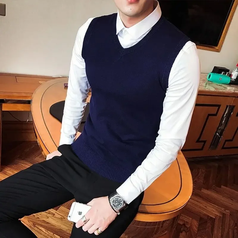 Мужская одежда Жилет, свитер гладкой вязки, мужской деловой черный жилет без рукавов в корейском стиле 2023, осенний заказ, бесплатная доставка