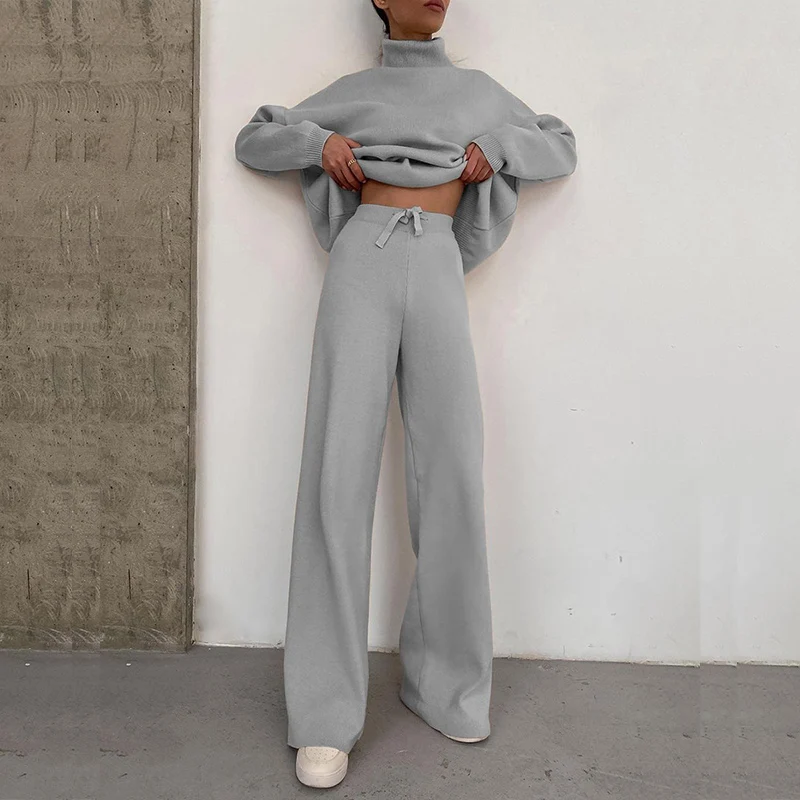 Элегантный Модный флисовый наряд Для женщин 2021, осенне-зимние топы с высоким воротом и широкие брюки, костюмы, повседневный однотонный женский комплект из двух предметов