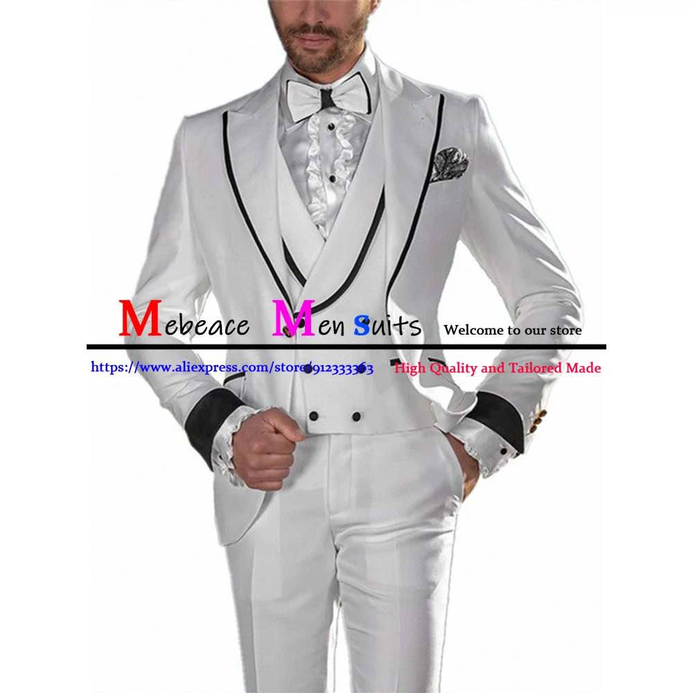 Белые формальные Приталенные свадебные смокинги для мужчин, комплект мужской модной одежды с отворотом из 3 частей, куртка, жилет со штанами, костюм Homme