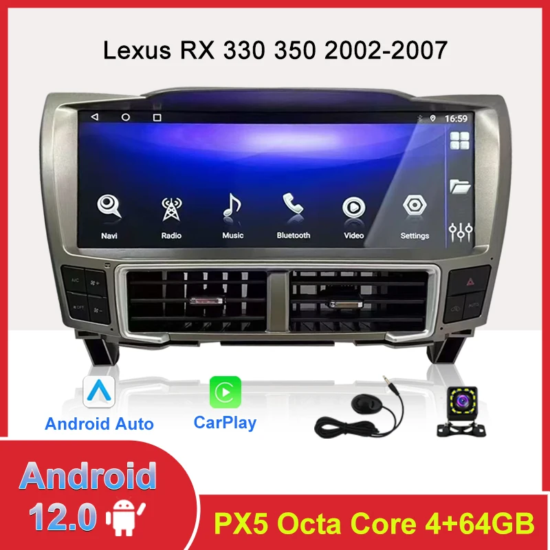 Android 12 Автомагнитола для Lexus RX 330 350 2002-2007 Сенсорный Экран Смарт-Мультимедийный Плеер 8-Ядерный GPS Навигация Carplay Головное Устройство
