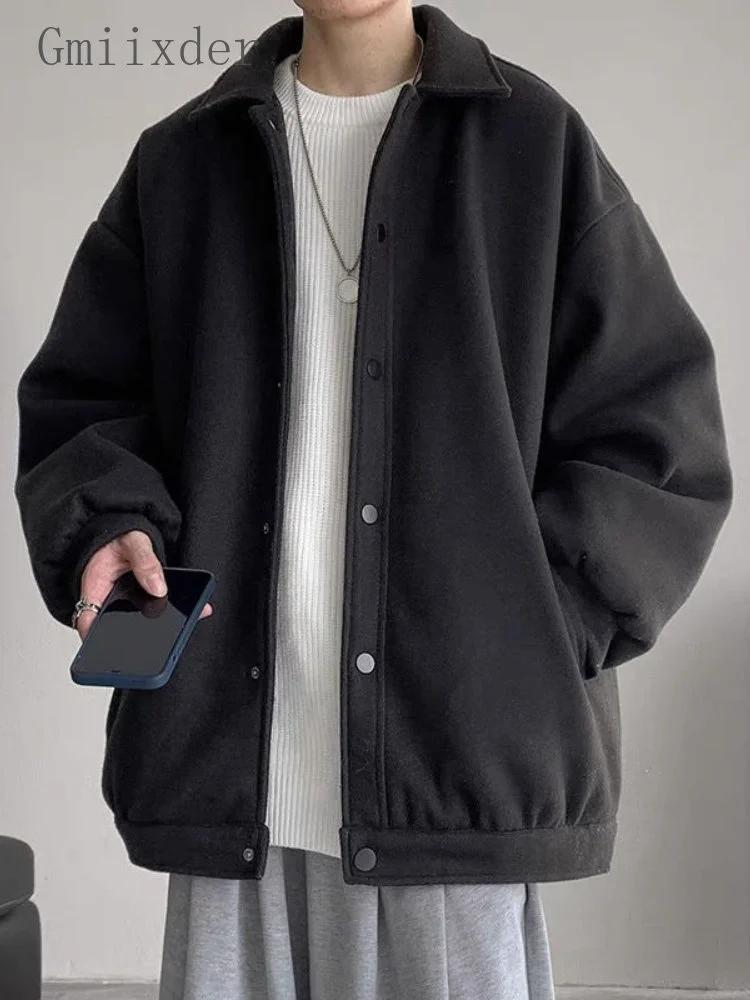 Зимняя Корейская твидовая куртка Мужская Оверсайз, Шерстяное пальто с утолщенным отворотом, молодежный топ на пуговицах в Гонконгском стиле, простой верх