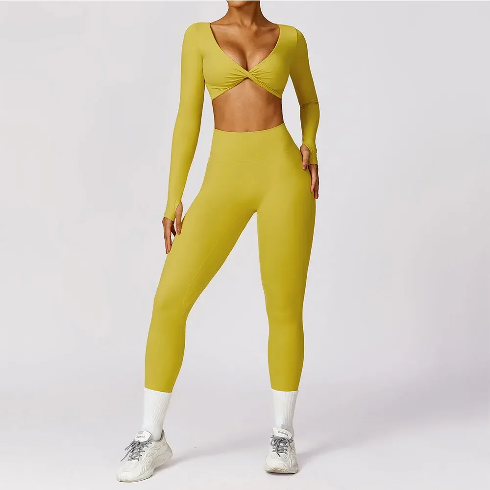 Женская одежда для тренировок из 2 предметов, комплекты для йоги, спортивная одежда, спортивный костюм, укороченный топ с длинным рукавом, леггинсы, эластичный спортивный бюстгальтер для фитнеса
