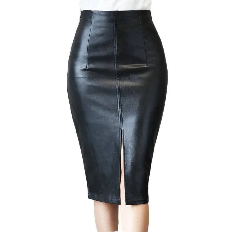 Осенне-зимние женские сексуальные кожаные юбки миди, однотонная черная офисная юбка-карандаш с разрезом для женщин