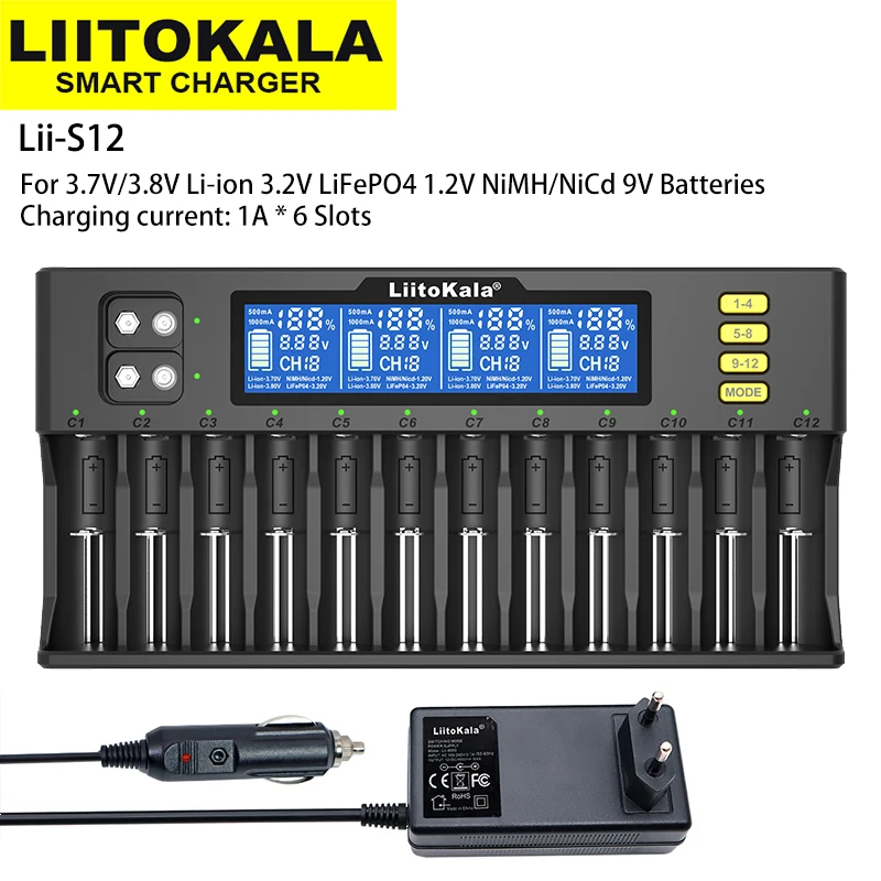LiitoKala Lii-S12 Smart 12 Слотов ЖК-дисплея Зарядное Устройство для 3,7 В Литий-ионных 1,2 В NiMH 3,2 В LiFePO4 3,8 В IMR или 9 В Аккумуляторов