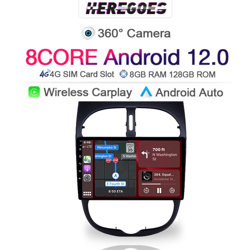 360 Камера Android 12 Автомобильный Мультимедийный видеоплеер для PG PEUGEOT 206 2000-2016 Навигация GPS Радио Стерео 8G + 128 Гб Bluetooth