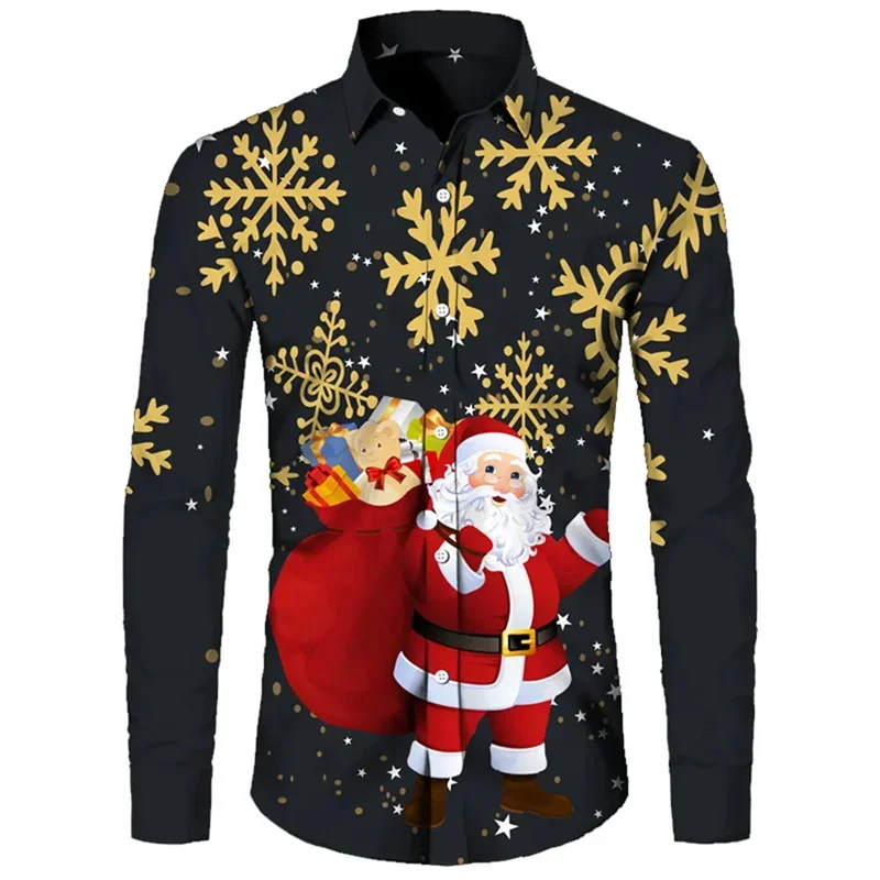 Мужские рубашки Дед Мороз Гавайская Рубашка Для Мужчин Топы Праздничная Одежда С 3D Принтом Зимняя Мужская Рубашка С Отложным Воротником И длинным Рукавом