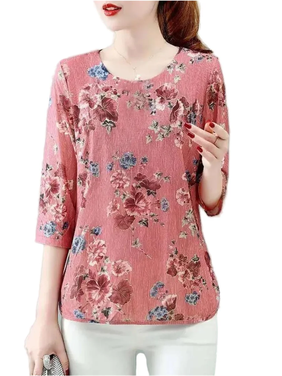 5XL Женские весенне-летние блузки, рубашки, модные повседневные блузки с круглым вырезом и коротким рукавом с цветочным принтом, топы G2102