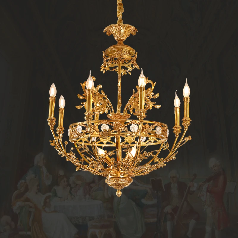 Европейская столовая в стиле ретро, латунные подвесные светильники, французский хрусталь, вилла, прихожая, коридор, лестница, медная подвесная люстра