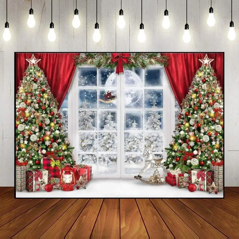 Счастливого Рождества Xmas Home Background Window Красный Занавес Фотографии Фонов Огни Душа Ребенка Иисус Пользовательский Фон На День Рождения