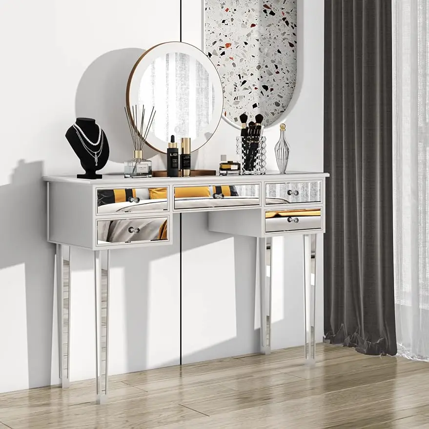 Зеркальный туалетный столик с выдвижными ящиками для спальни, Серебряный диванный столик, современный консольный столик для прихожей, серебряный