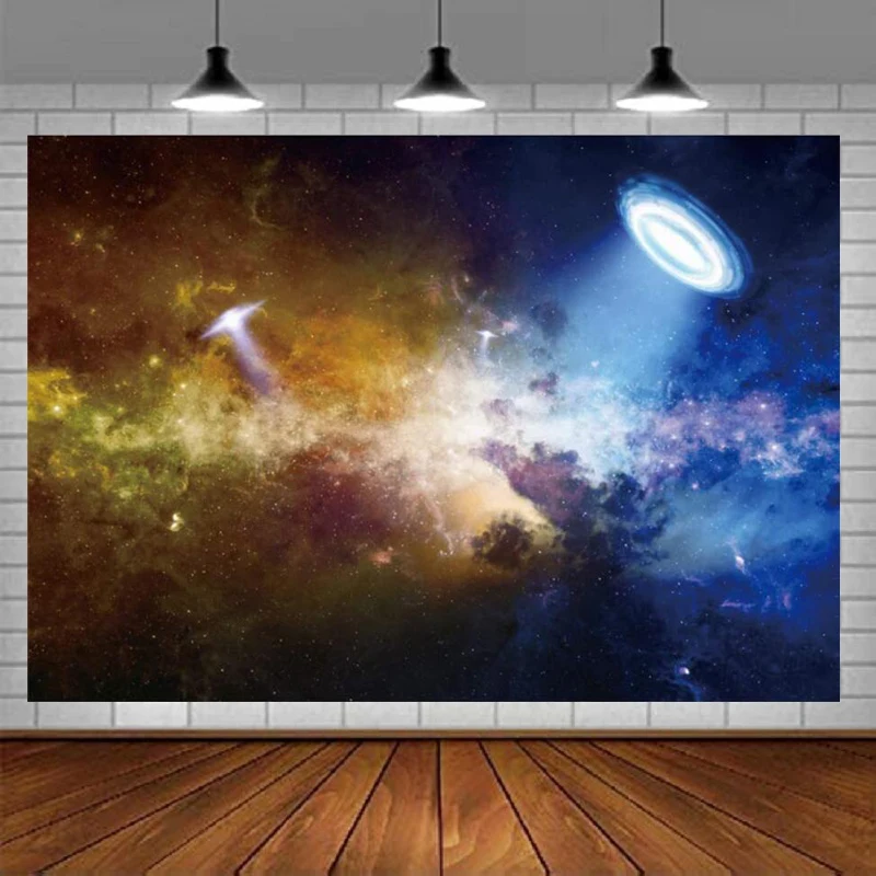 Фон для фотосъемки НЛО Искривленный Фон Галактики Вселенная Глубокий космос Летающая тарелка Космический корабль Декор для вечеринки по случаю Дня рождения мальчика Баннер