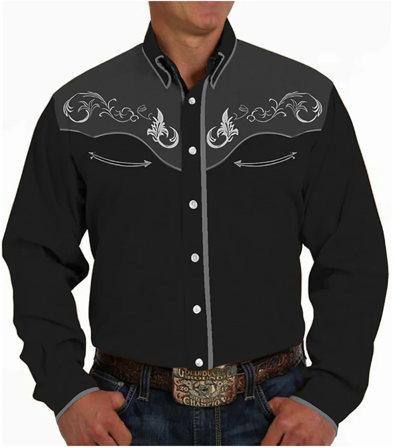 Мужская рубашка в стиле Вестерн с цветочным рисунком, уличный принт с длинными рукавами и пуговицами, модная дизайнерская одежда в стиле Вестерн