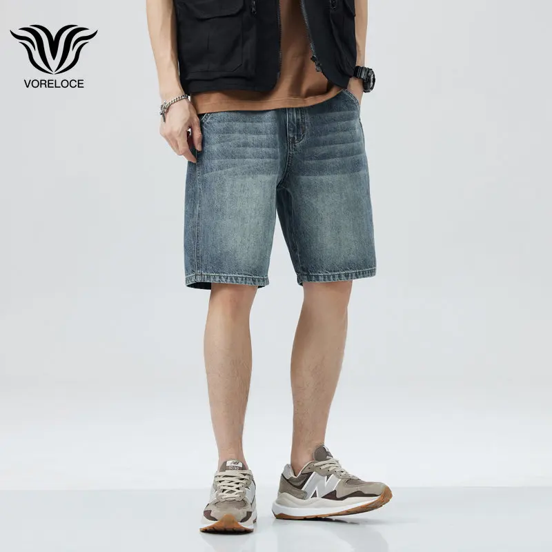 Джинсовые шорты Мужские Летние Тонкие Модные Свободные прямые брюки с пятью точками 2023, новые модные Легкие повседневные однотонные короткие джинсы