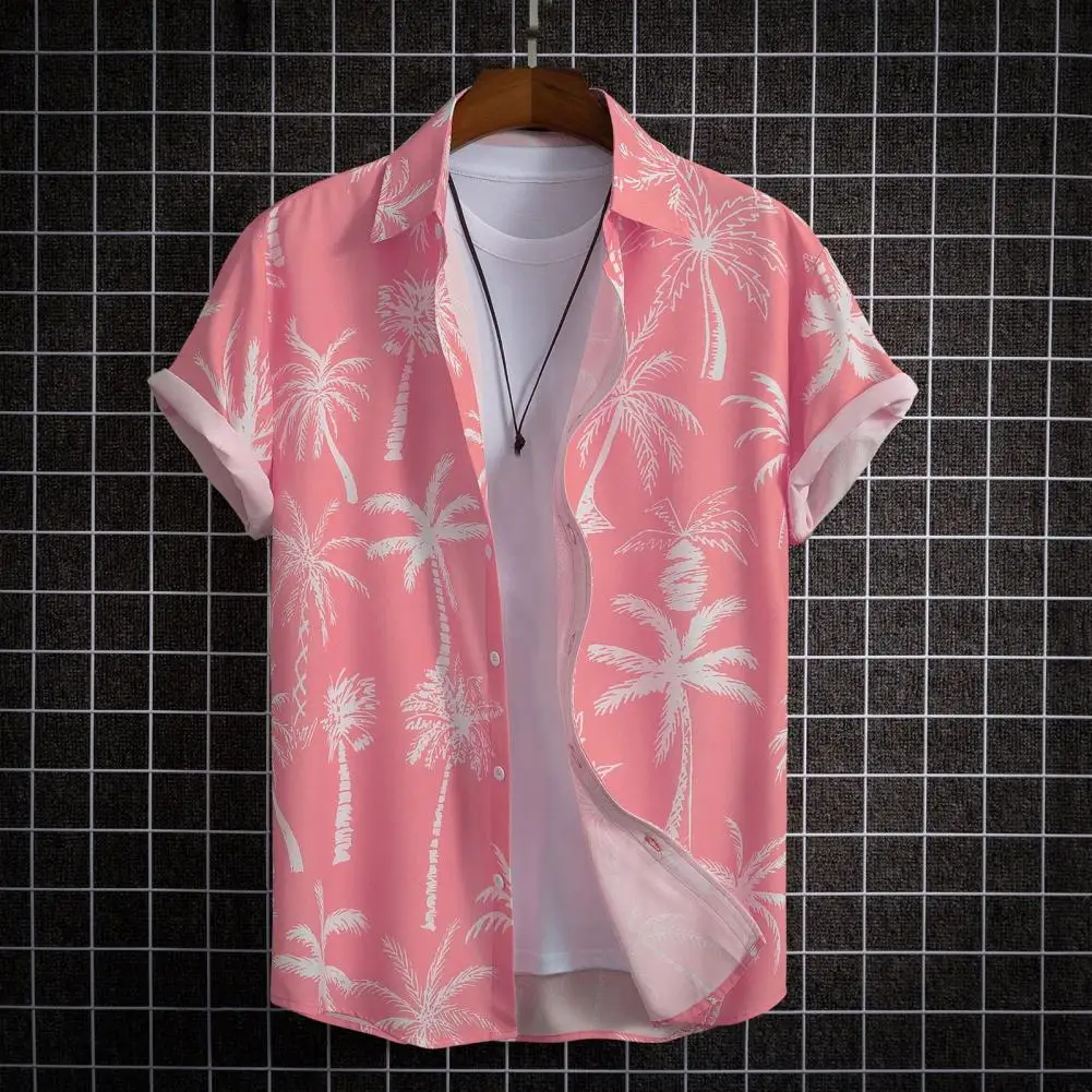 Яркий мужской топ, мужская пляжная рубашка в стиле тропических каникул, мужская рубашка с цифровым принтом кокосовой пальмы, однобортная для пляжа