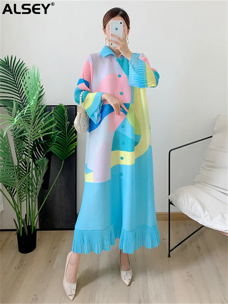 ALSEY Miyake Плиссированное Высококачественное Платье Оригинального Дизайна для Женщин, Модное Летнее Новое Свободное Платье-кардиган Средней длины с Цветочным Рисунком
