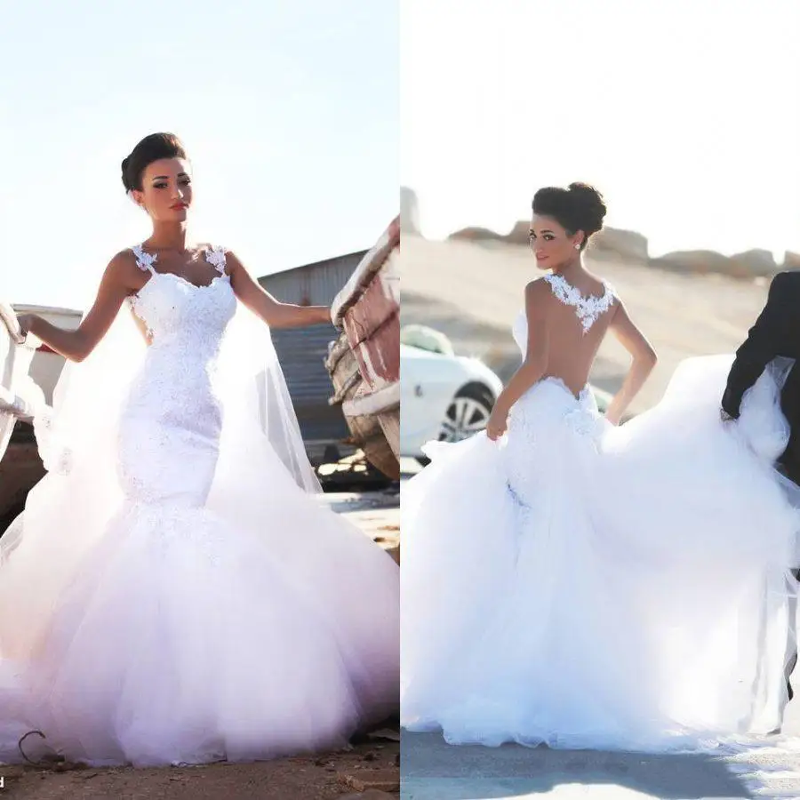 Арабские Свадебные платья Русалки с иллюзией Спагетти, аппликации на лифе, бусины, Садовые Пляжные свадебные платья vestidos de novia По индивидуальному заказу