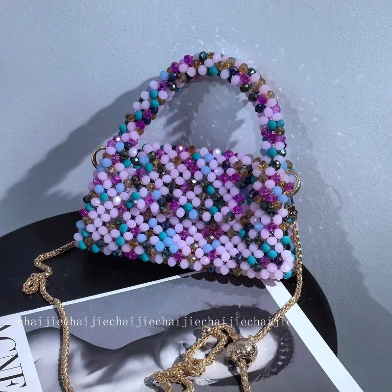 Женская сумка ручной работы в стиле ретро, расшитая бисером, Новая мода Ins, женские сумки через плечо с цепочкой из разноцветных кристаллов
