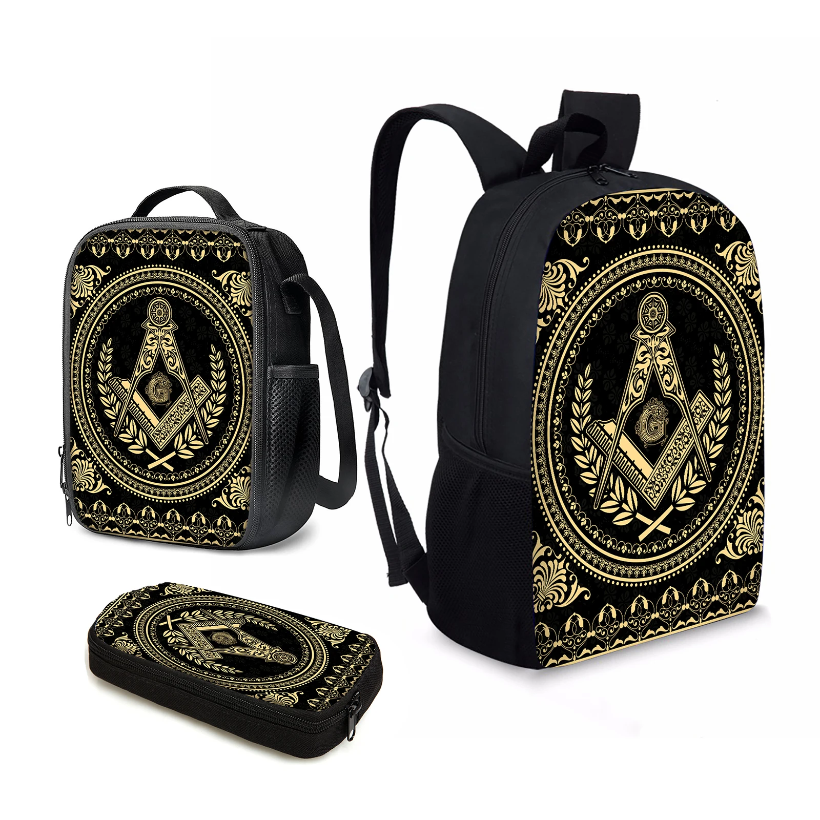 YIKELUO Gold, Масонский квадратный компас, подростковый рюкзак для ноутбука, рюкзак для студенческих учебников, Изолированная сумка для ланча, пенал.