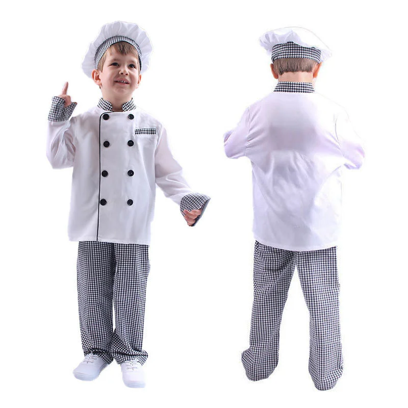 Униформа шеф-повара для маленьких мальчиков, белая рубашка + брюки в клетку + шляпа шеф-повара, косплей-костюм с длинными рукавами для детской одежды, костюмы