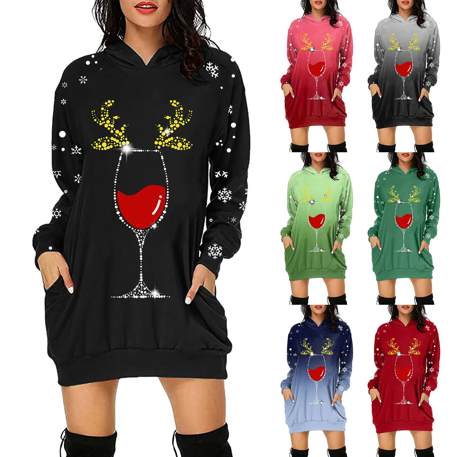 Женская повседневная толстовка с капюшоном с длинным рукавом, платье-пуловер с карманом, Рождественское платье с бокалом для вина с капюшоном