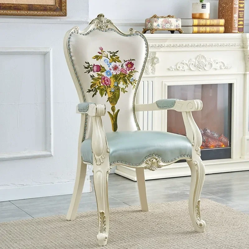 Стулья в европейском стиле, резьба по дереву, белая кожа с золотистой спинкой, мягкие обернутые стулья, обеденные стулья, удобные