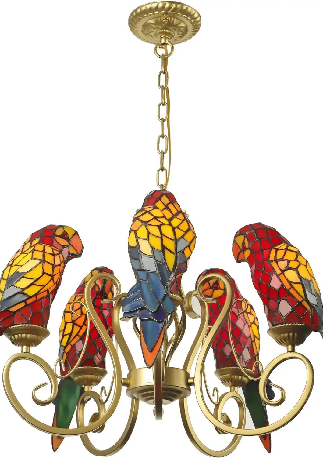 Люстры Parrot Подвесной светильник Tiffany с цепочкой из 5 ламп Регулируемое Промышленное Освещение Витражный Абажур Птица Потолок