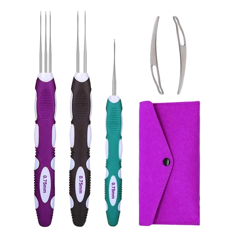 Инструмент для вязания крючком с дредлоками Крючки для вязания волос Крючком с эргономичной ручкой, 3шт для плетения кос 0,75 мм