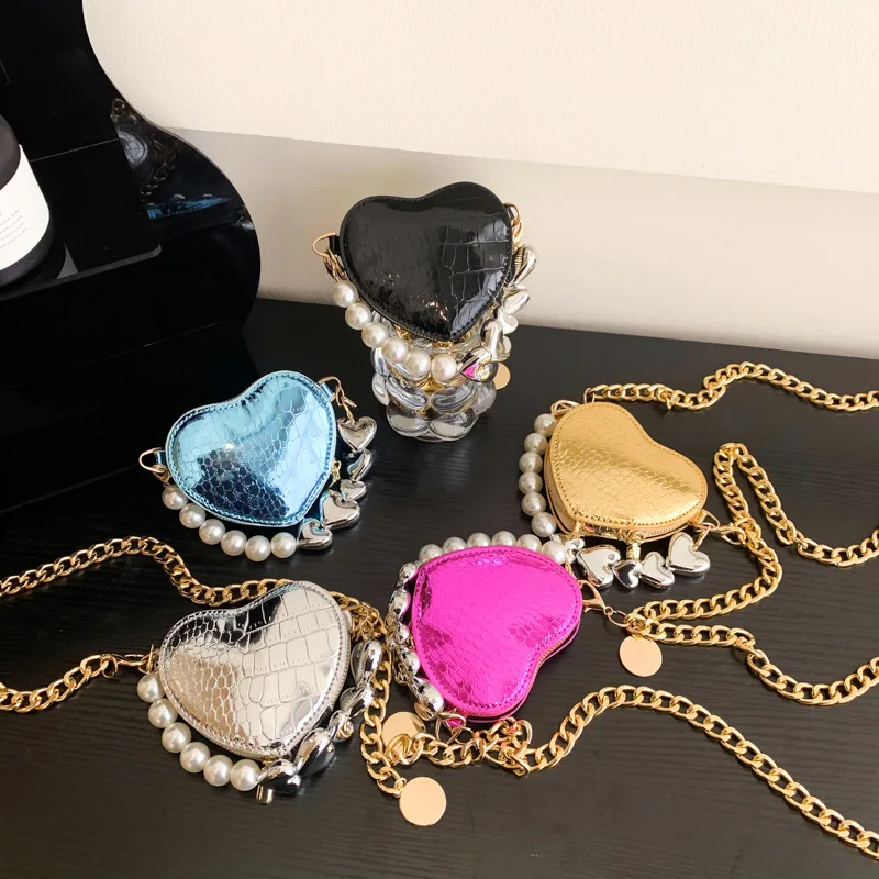 Портативная сумка Mini Heart Pearl 2024, модная женская сумка на цепочке, яркая цветная сумка через плечо, роскошные кошельки