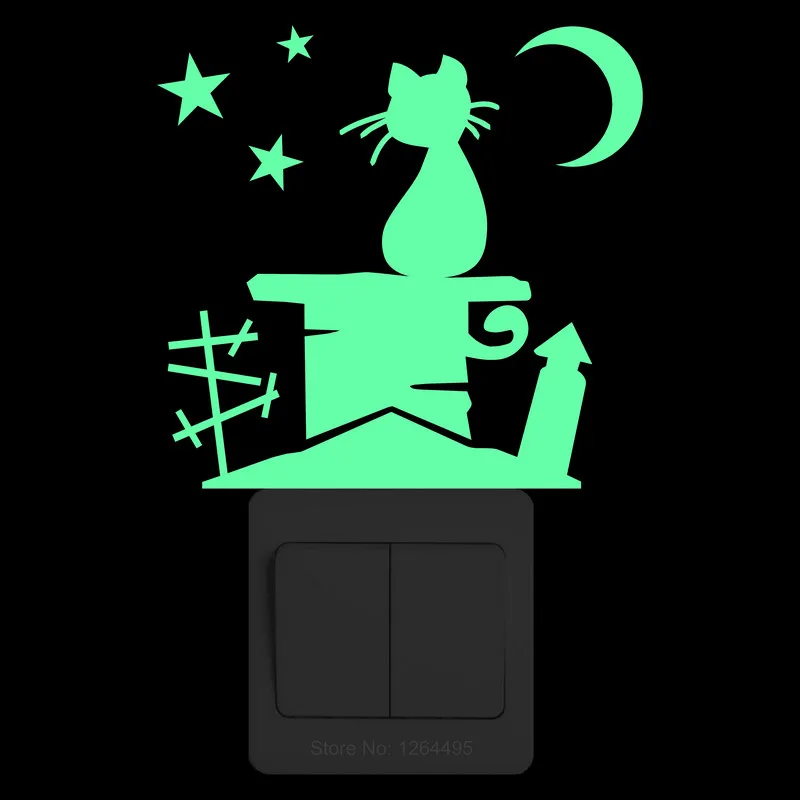 Кошка Наблюдает за Луной и Звездами на крыше Дымохода, Светящиеся Наклейки, Украшение Настенного Выключателя в Детской комнате, Дверца Холодильника, Ноутбук, Наклейка На Окно Автомобиля