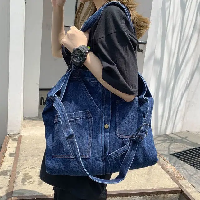 Корейская ретро джинсовая холщовая женская сумка через плечо большой емкости, модная сумка для отдыха, студенческая сумка-тоут, минималистичная дорожная сумка