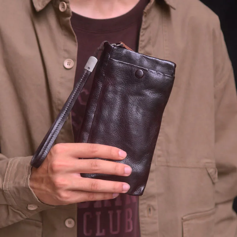 AETOO, мужской винтажный наручный кошелек из воловьей кожи с верхним слоем, портативное хранилище, многослотовый плиссированный дизайн, зажим для денег, длинный