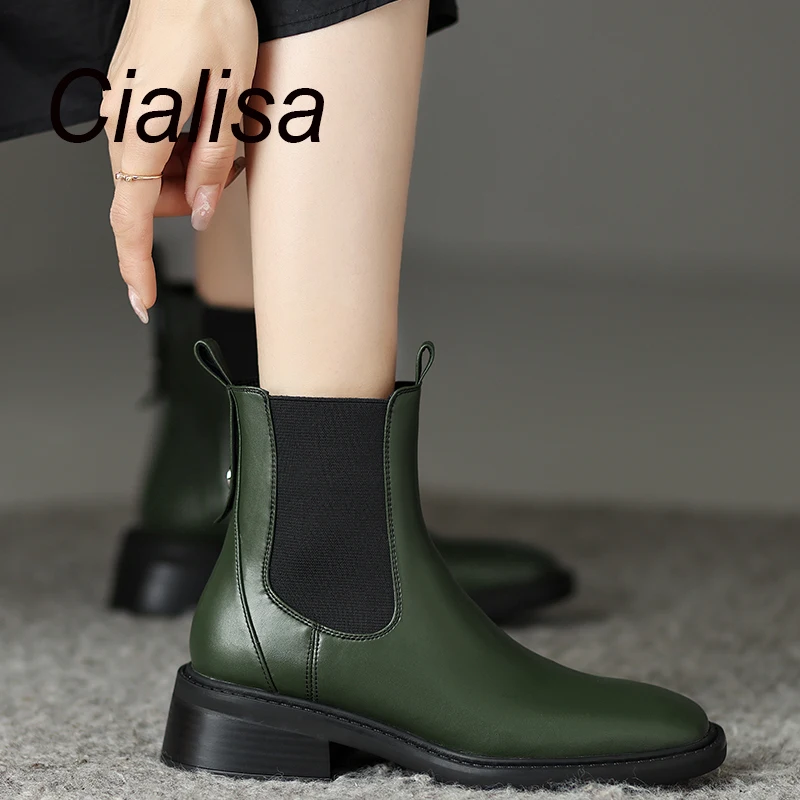 Cialisa / Зеленые женские ботильоны 2023, осень-зима, эластичная обувь из натуральной кожи с квадратным носком, женские ботинки Челси на среднем каблуке, 40 г.