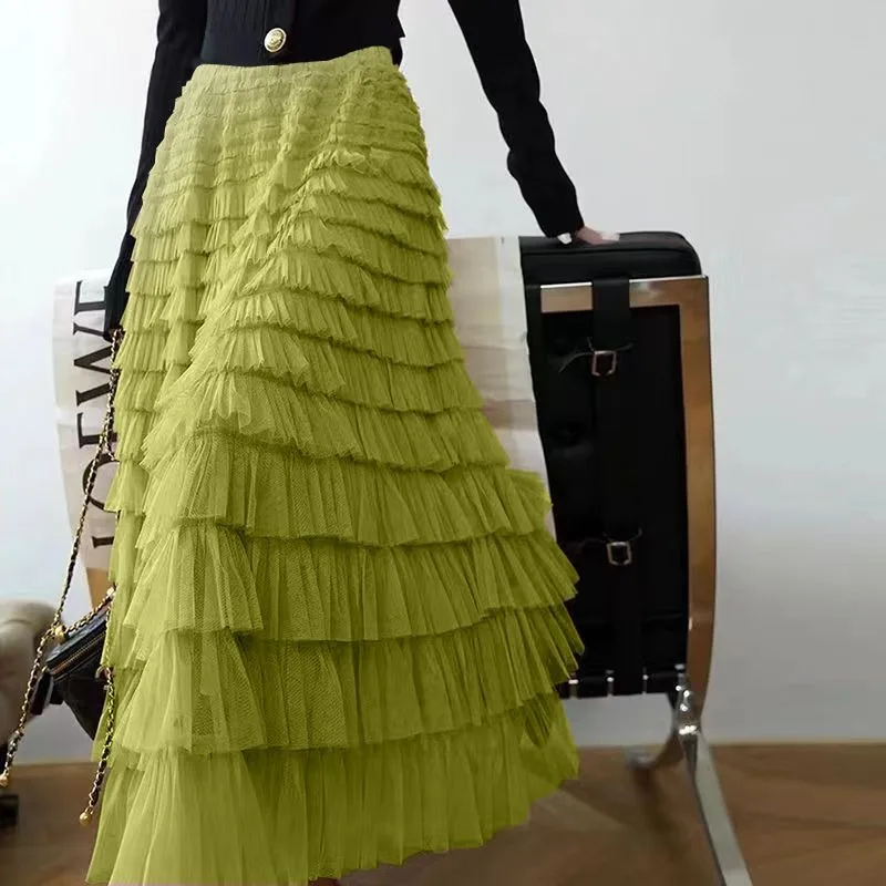 Весенне-осенние женские Корейские юбки в стиле пэчворк с эластичным поясом, однотонные Газовые юбки в стиле пэчворк, длинная юбка с рюшами на высокой талии и деревянными ушками по краю