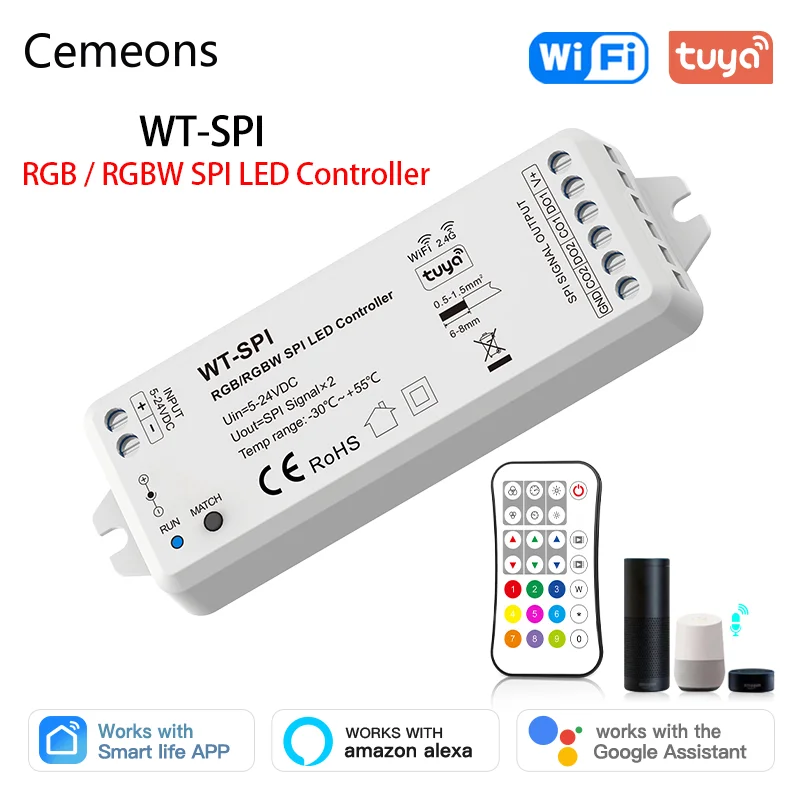 SPI Светодиодный контроллер WT-SPI WiFi DC 5V-24V 2.4G RF Приложение Tuya Для WS2811 WS2812 WS2815 UCS1903 Pixel GS8208 RGB Светодиодные ленты